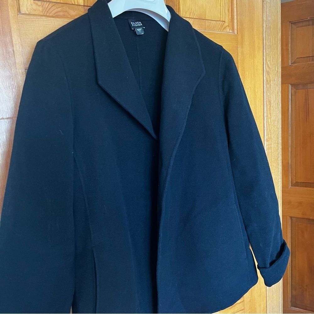 Eileen Fisher Black Jacket Blazer Sz L Wool Cashmere Luxury Minimalist Career - Picture 2 of 9